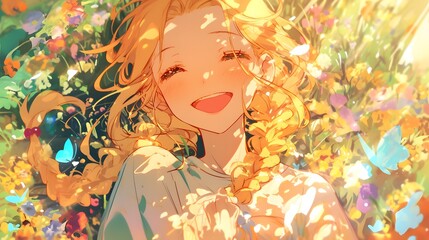 Joyful girl with golden braid smiles peacefully in a blooming garden surrounded by vibrant flowers and soft sunlight