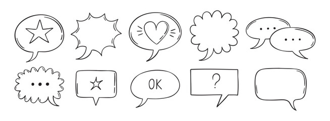 Outline comic speech bubbles set. Dialogue, doodle chat communication, discussion element. Message frame symbol drawing