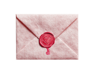 Heart seal on pink envelope for romantic correspondence on a transparent background, cut out