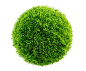 Lush green artificial grass ball perfect for landscaping design on a transparent background, cut out