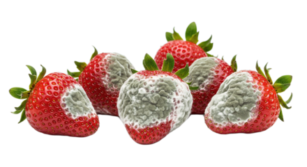 A group of strawberries with mold growing on them, some are fresh and some are covered in spores