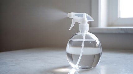 Clear spray bottle spraying liquid with white trigger on a marble surface plastic container