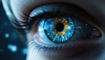 Macro view of human eye with futuristic digital interface in iris. Blue and orange lines radiate from pupil. Biometric scanning technology for security authentication with graphic elements.