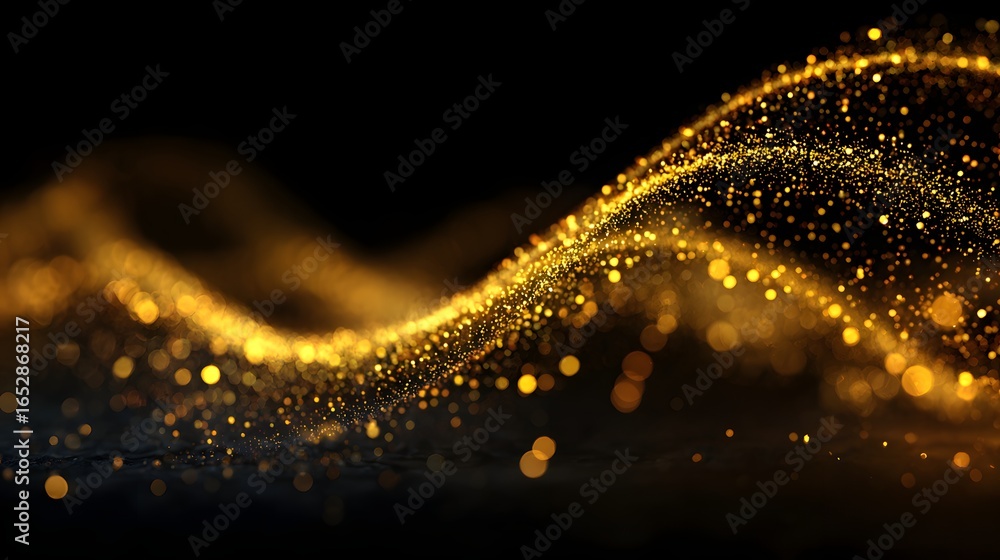 Poster Abstract digital graphic design displays a dynamic gold particle wave effect against a deep black backdrop.