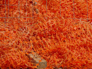 Accumulation of orange plastic, net, pollution, danger to birds