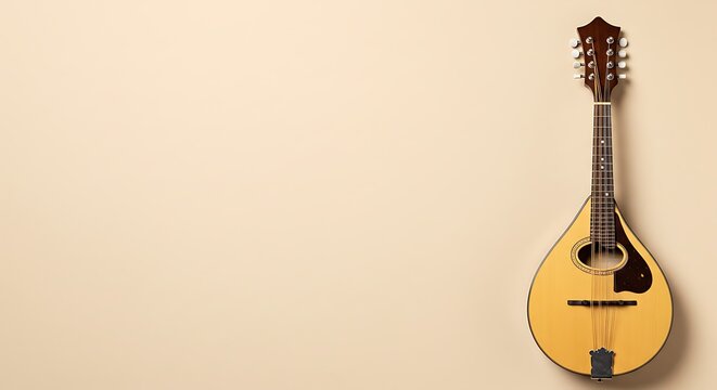 Elegant wooden mandolin, a classic string instrument for folk music, isolated on a light background with ample copy space.