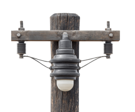 Historic style electric light fixture mounted on wooden utility pole on a transparent background, cut out