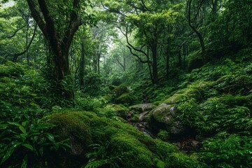 Obraz premium Lush green rainforest bustling with rich flora and living creatures, perfect nature backdrop for eco-travelers and outdoor enthusiasts