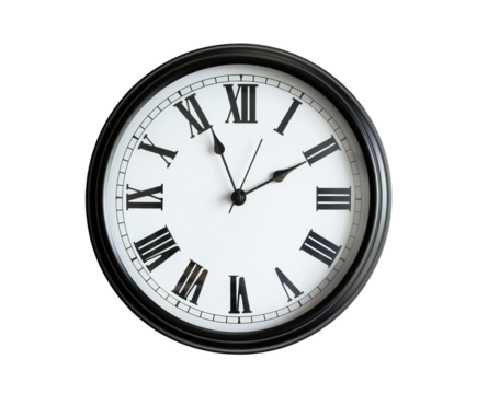 Closeup of a classic wall clock with roman numerals isolated on transparent background