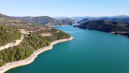 Obraz premium Panoramic view of a serene lake nestled between rolling hills