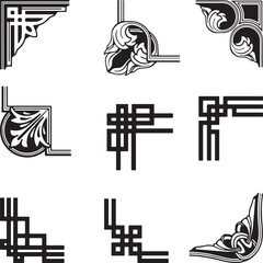 Set of ornate vector art corners with different styles for design and decoration.