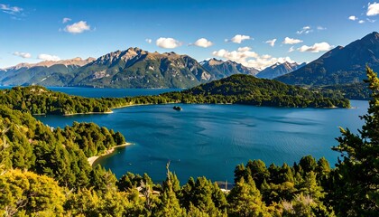 Naklejka premium Panoramic lake view with mountains