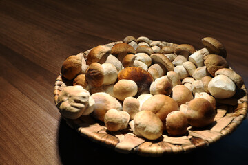 white mushrooms in a basket clean strong mushrooms