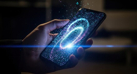 Hand holds phone with glowing, swirling, colorful particle animation