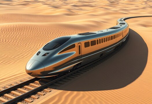 A sleek, silver and gold high-speed train curves through a vast, sandy desert landscape under bright sunlight. - Powered by Adobe