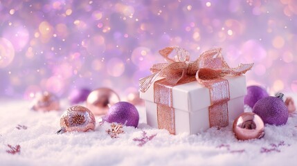 Elegant holiday present with rose gold bow and pastel ornaments on snow against glowing purple background