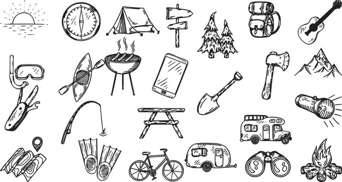 Hand-drawn doodle icons for camping, hiking, and outdoor adventure including a tent, bonfire, and compass.