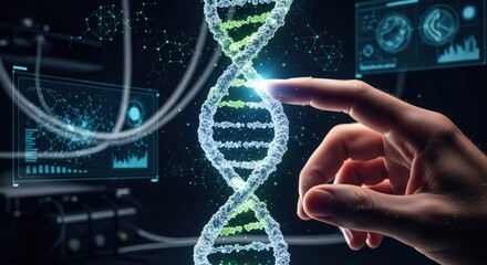 Hand interacts with a DNA helix amid holographic screens