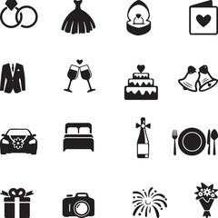 Black and white icon set for wedding themes including rings, cake, dress, champagne, car, and gifts.