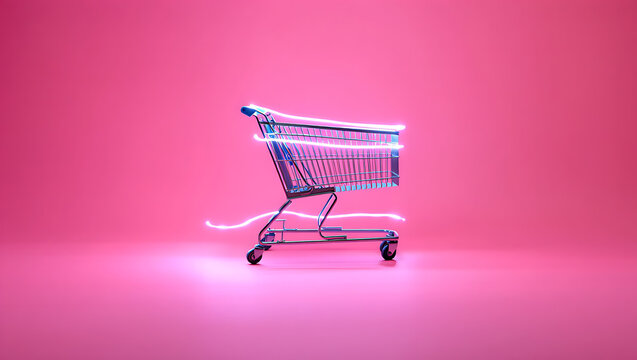 Blue shopping cart with glowing light trails on pink background - Powered by Adobe