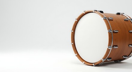 A classic wooden bass drum, the foundation of rhythm and beat, isolated on a clean white studio background with copy space.