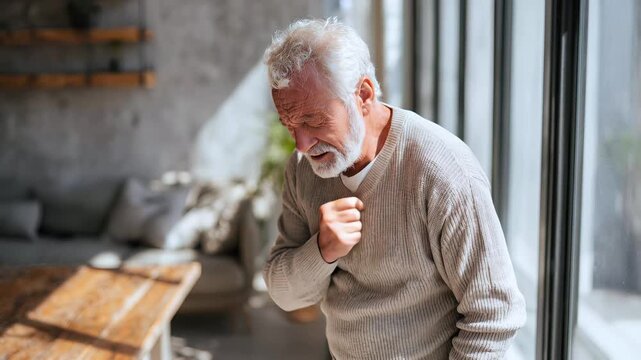 Elderly man clutching his chest in pain, depicting moment of heart attack or severe cardiac discomfort. Chest pain and heart attack in men