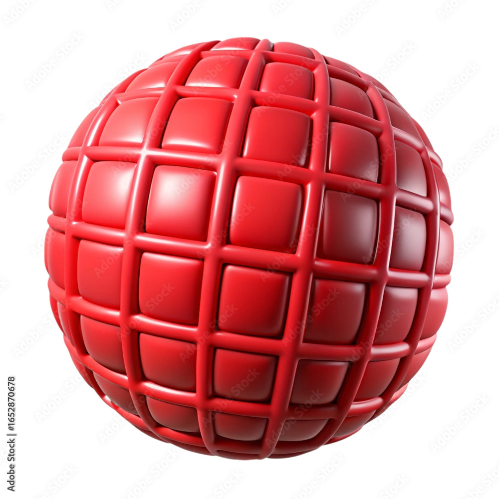 Poster glossy red gridded sphere on black background representing three dimensional digital shape