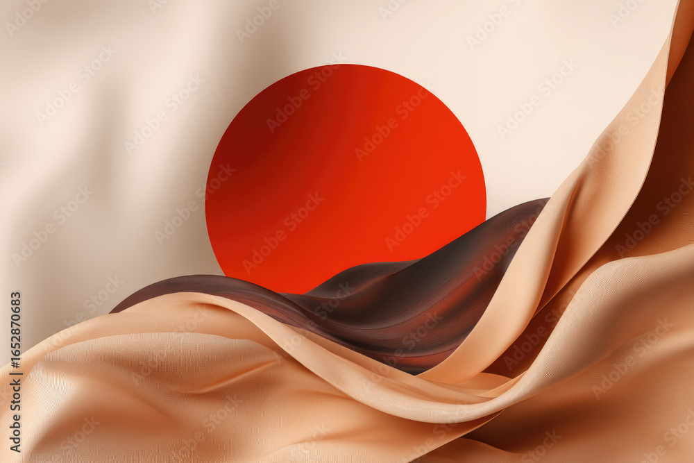 Poster red circle abstract background beige and brown silk fabric smooth texture soft folds minimal design 