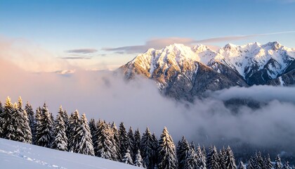 Snowy mountain peaks at sunrise (1)