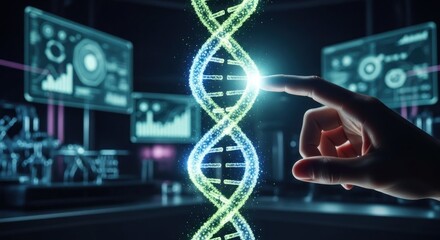 Hand touches glowing DNA strand with scientific displays in the background