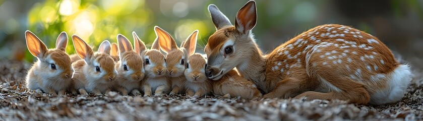 Obraz premium Caring deer watching over a group of baby bunnies