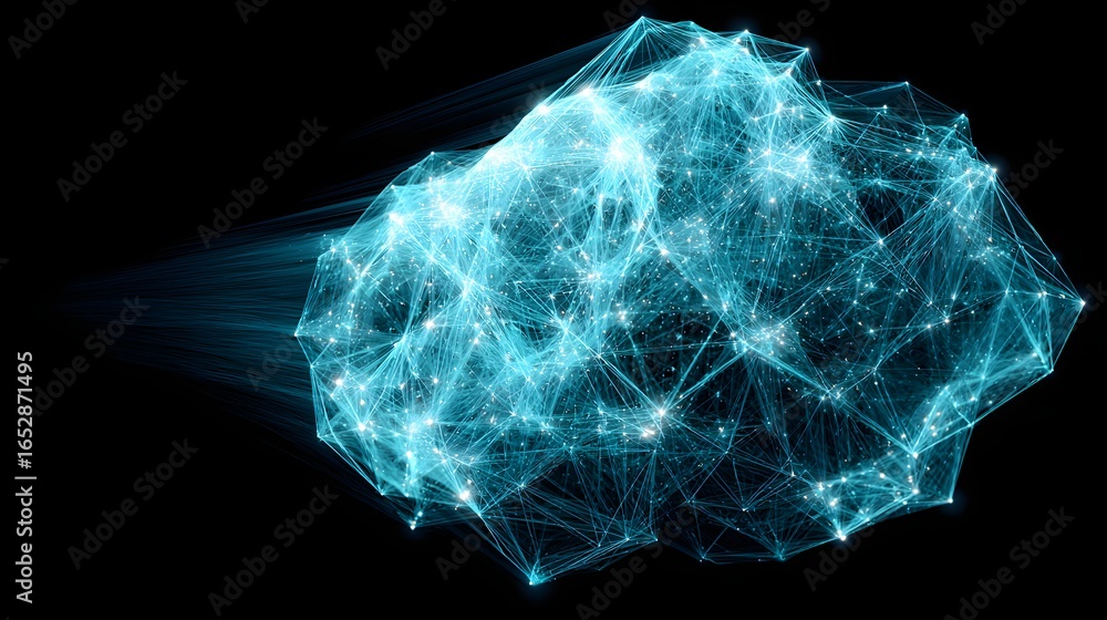 Poster a complex network of interconnected points and lines creates a captivating visual design against a d