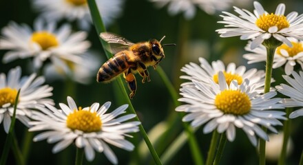 Honeybee in flight amidst field of daisies, sunlit natural background