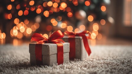 Christmas gift boxes with red ribbons placed under glowing Christmas tree with warm festive lights in cozy living room