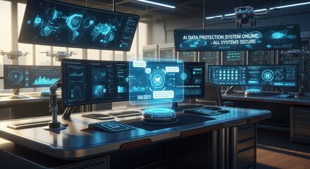 High-tech security control room with multiple monitors and hovering drones