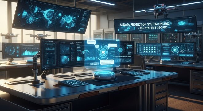 High-tech security control room with multiple monitors and hovering drones