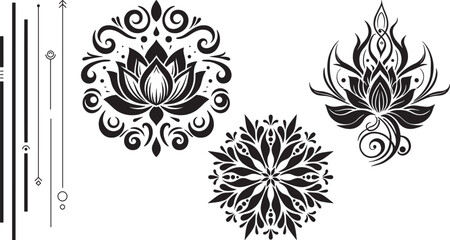 Vector collection of elegant black lotus flower and mandala designs for decoration.