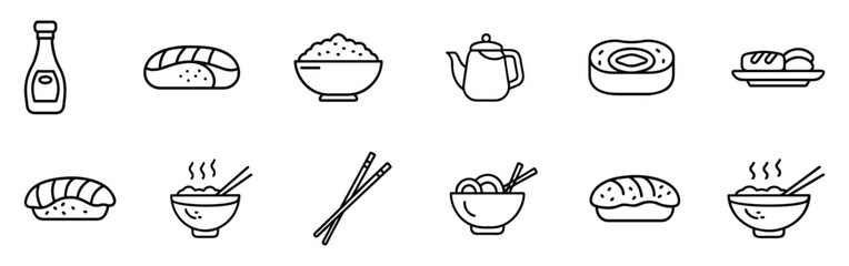 Collection of Japanese food line icons including sushi rolls, sashimi, rice bowl, ramen noodles, soy sauce bottle, chopsticks, and teapot. Perfect for restaurant menus, food apps, and culinary design 