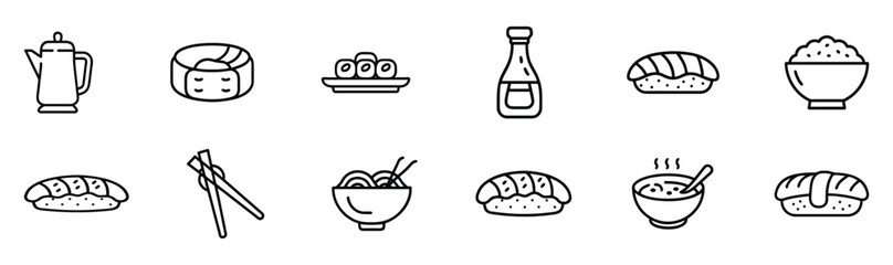 Collection of Japanese food line icons including sushi rolls, sashimi, rice bowl, ramen noodles, soy sauce bottle, chopsticks, and teapot. Perfect for restaurant menus, food apps, and culinary design 
