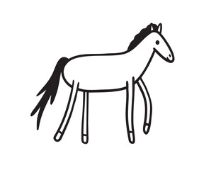 Cute horse for kids doodle hand drawn icon. Outline drawing horse line clipart symbol
