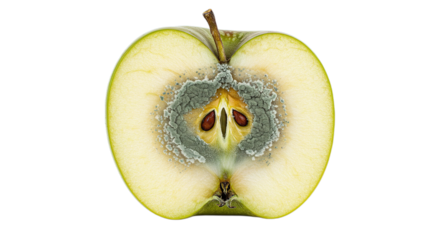 A halved green apple with visible mold growth around the core and seeds on a plain setting area