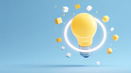 Bright Idea Symbolized by a Radiant Light Bulb with Floating Papers and a Halo Effect