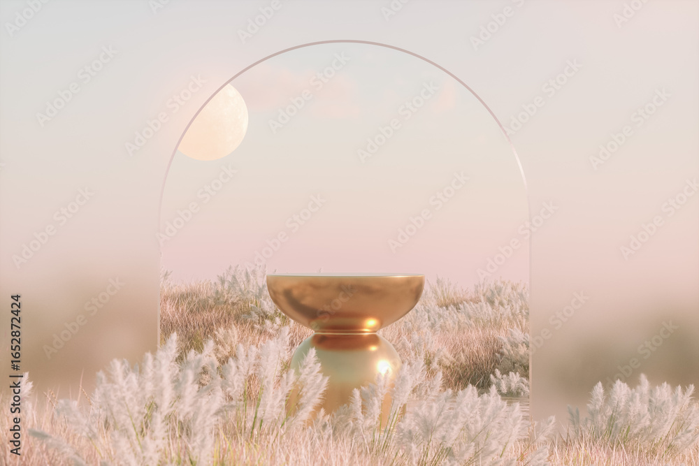 Poster abstract autumn landscape scene with a podium for product display. 3d rendering