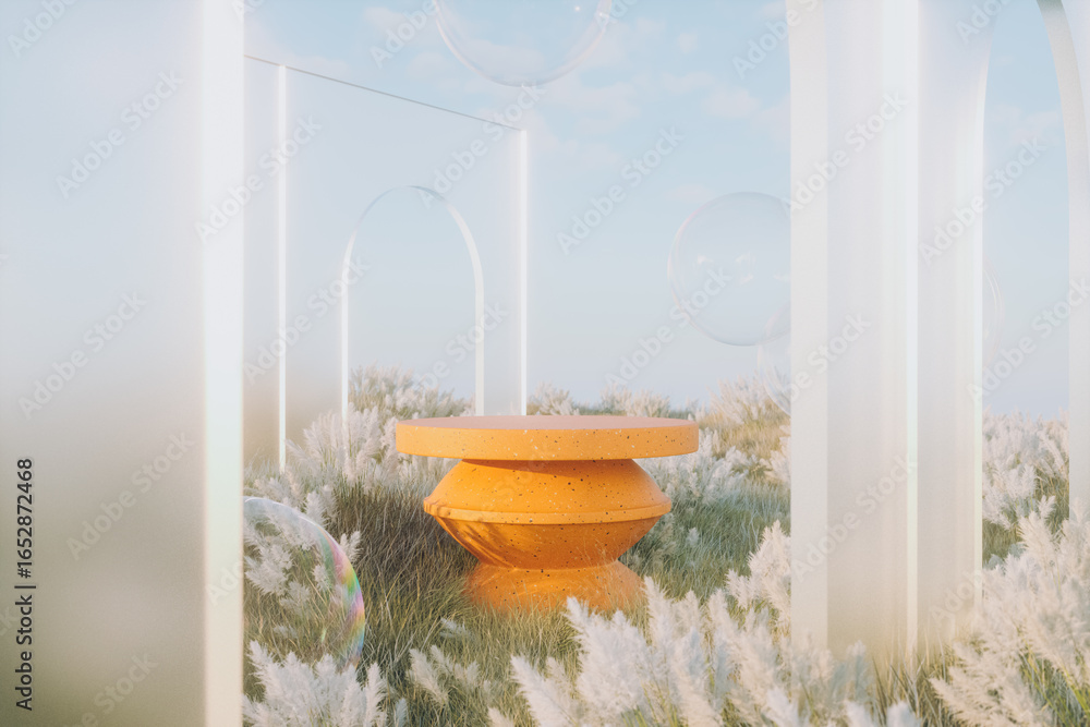 Poster abstract autumn landscape scene with a podium for product display. 3d rendering