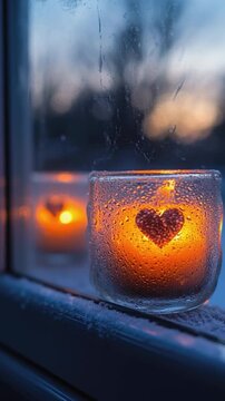 Cozy Candlelight Heart by Window: A heartwarming scene of two candlelit glasses casting a soft, romantic glow through the foggy window, symbolizing love, peace, and warmth within the tranquility.