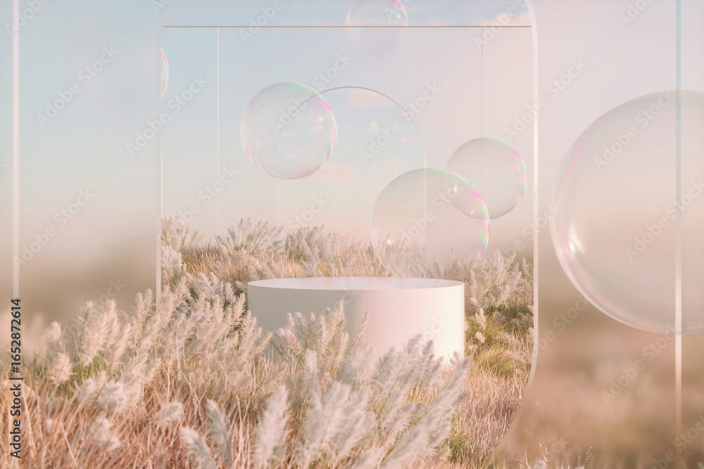 Poster abstract autumn landscape scene with a podium for product display. 3d rendering