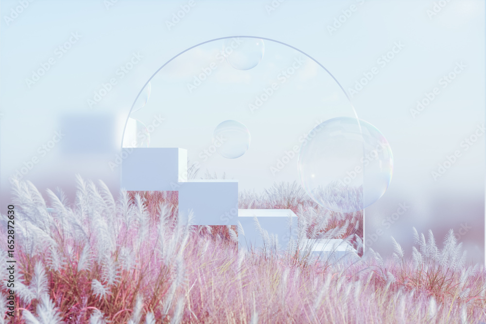 Poster abstract autumn landscape scene with a podium for product display. 3d rendering