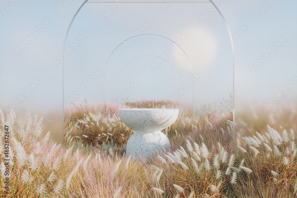 Poster abstract autumn landscape scene with a podium for product display. 3d rendering