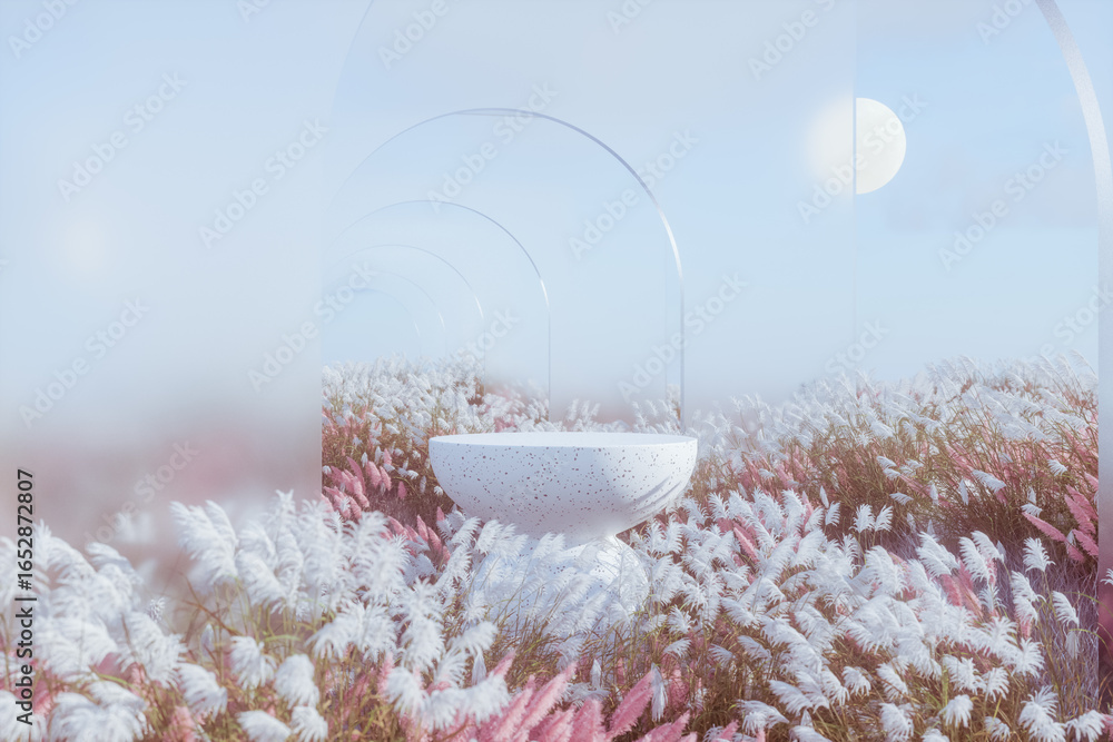 Poster abstract autumn landscape scene with a podium for product display. 3d rendering