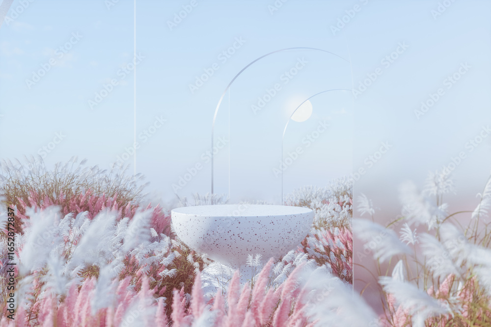Poster abstract autumn landscape scene with a podium for product display. 3d rendering
